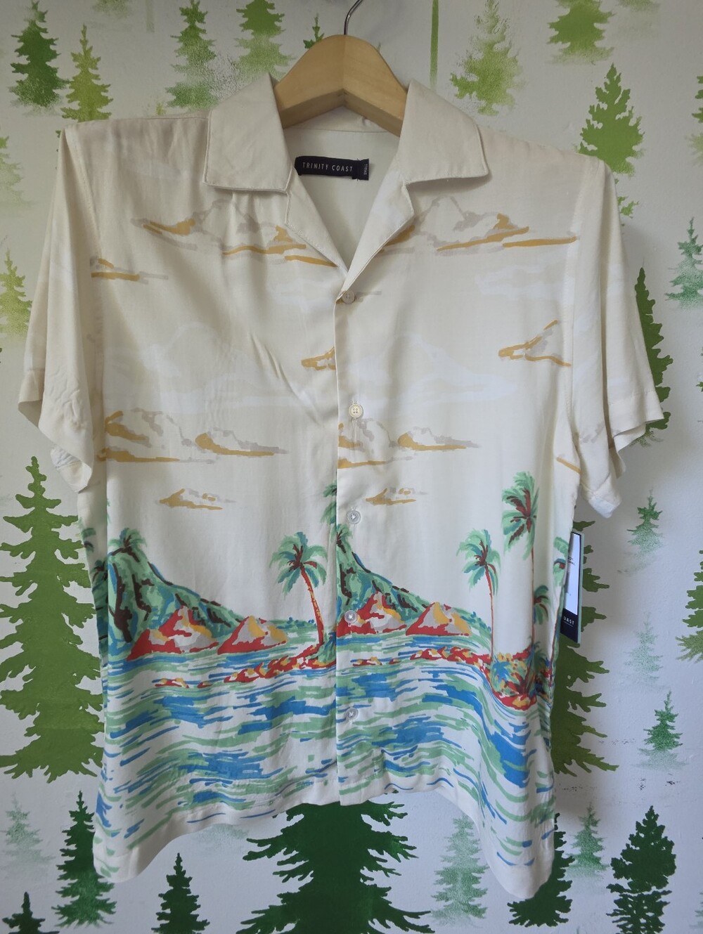 Trinity Coast Button-Down Shirt with Green Palm and Blue Wave Print